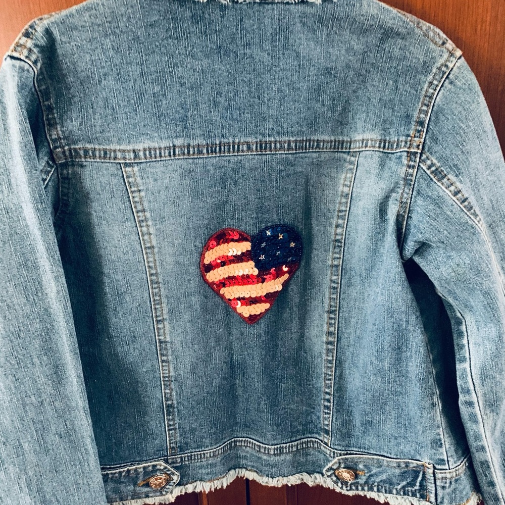 Blue denim jacket with sparkling heart & USA flag at its back Girls Age 9 - 10